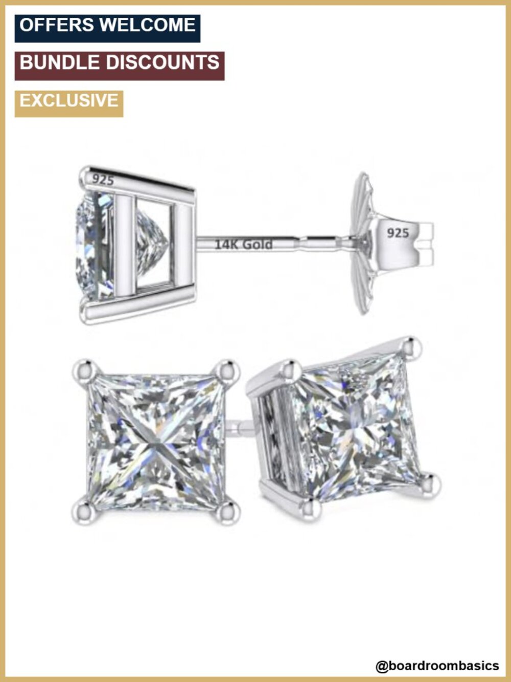 14K Gold Post Sterling Silver Princess Cut Swarovski Zirconia Stud Earrings